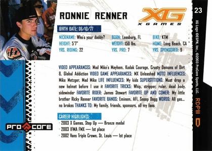 2004 Pro Core Sports X Games #23 Ronnie Renner Back